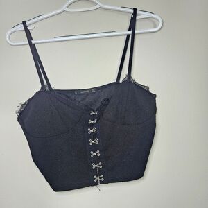 Hesperus Black Lace Trim Corset Cami Crop Hook & Eye Front Closure